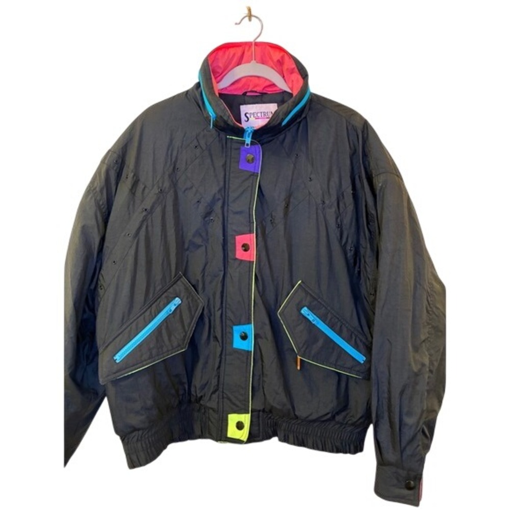 Vintage Spectrum Neon Colorblock Bomber Jacket Black 80s 90s Ski Windbreaker